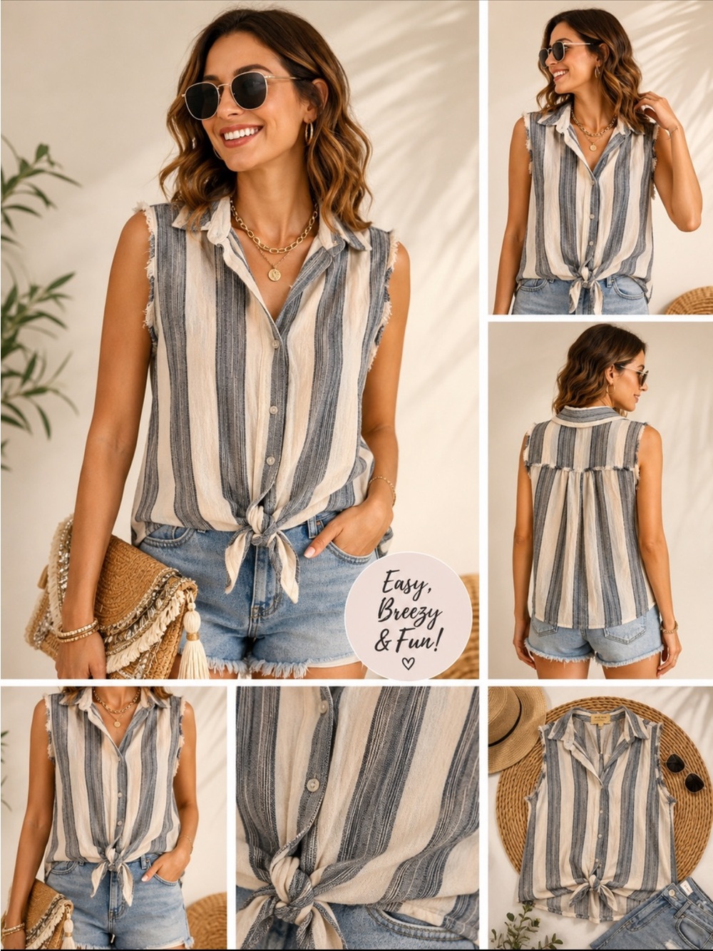 Cloth & Stone Navy and White  Striped Top